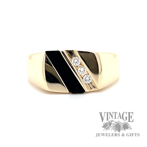 Diagonal black onyx inlay with channel diamonds in 14k yellow gold ring