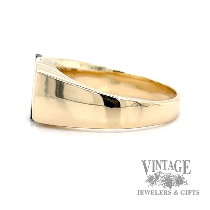 Diagonal black onyx inlay with channel diamonds in 14k yellow gold ring side