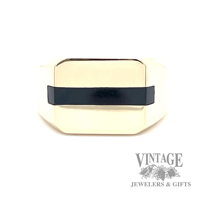 Black onyx bar 14k gold rectangle cut corner signet ring