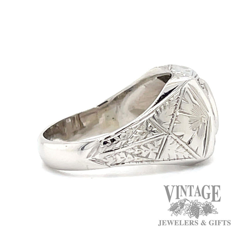 Hand engraved antique 14k white gold and diamond signet ring