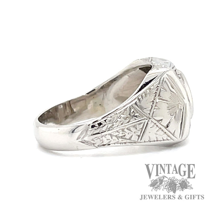 Hand engraved antique 14k white gold and diamond signet ring