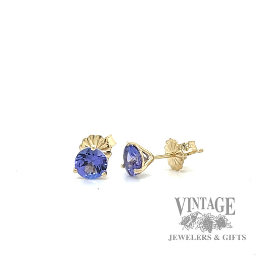 Tanzanite and 14k yellow gold stud earrings side