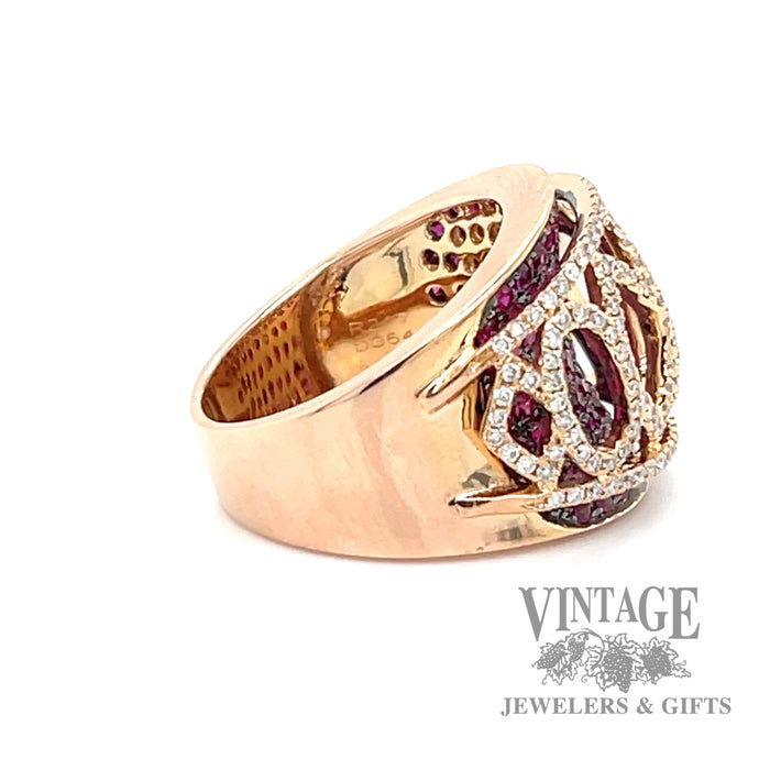 Ruby and diamond accent cage ring of 18k rose gold