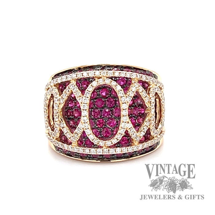 Ruby and diamond accent cage ring of 18k rose gold