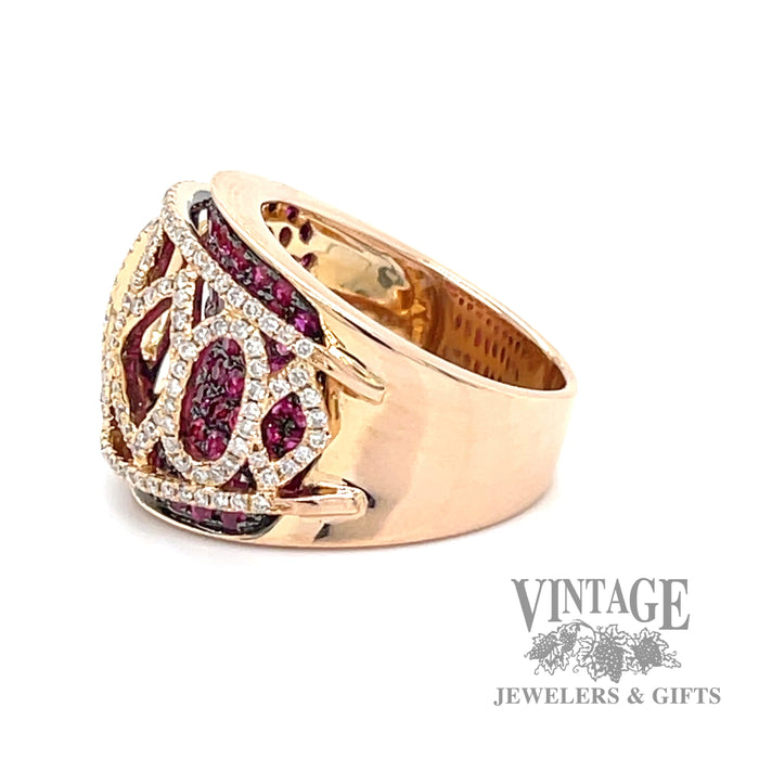 Ruby and diamond accent cage ring of 18k rose gold