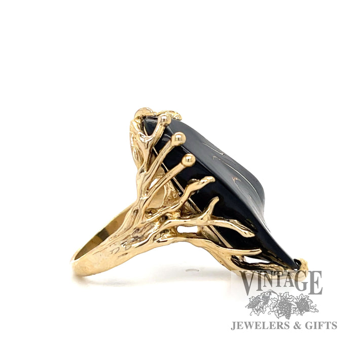 Black shell set in 14k yellow gold rustic ring side2