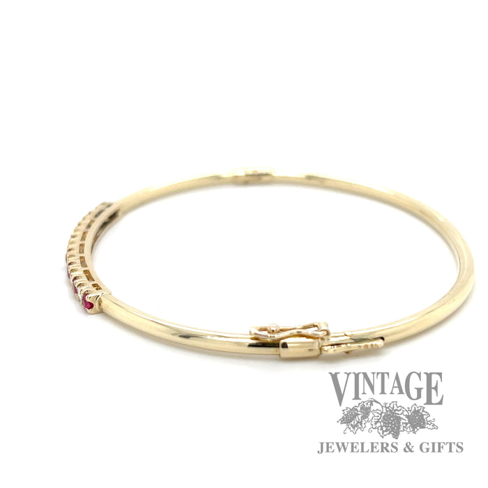 Ruby and diamond accent 14k yellow gold hinged bangle side