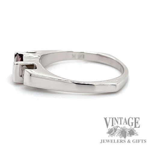 Emerald cut garnet with diamond accents in 14k white gold ring side