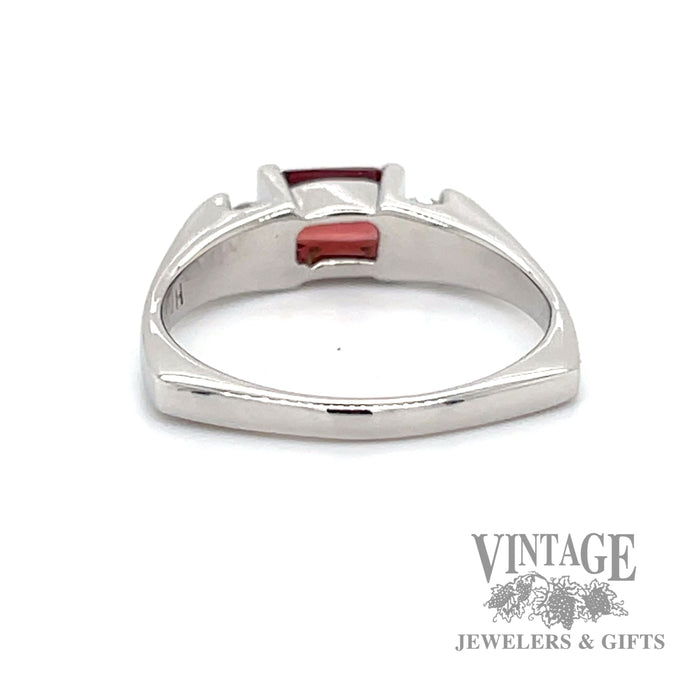 Emerald cut garnet with diamond accents in 14k white gold ring bottom