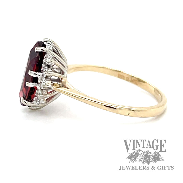 1.8ct garnet ring with diamond accent halo set in 14k gold side