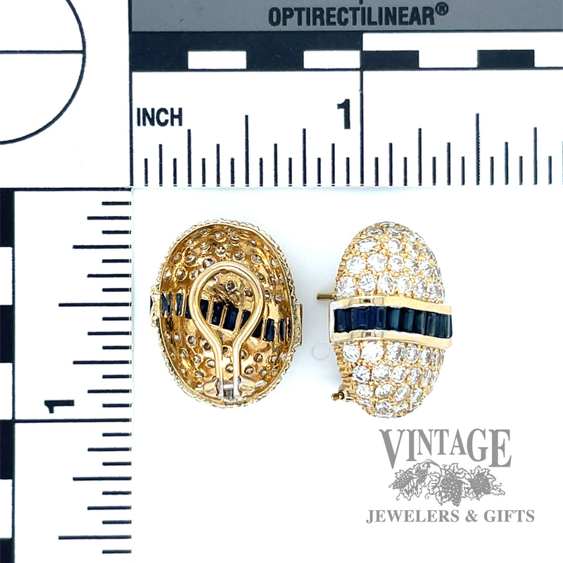 Blue Sapphire and diamond accent oval earrings in 14k yellow gold scale