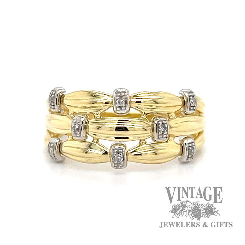 18k yellow gold ring with gathered band design and diamond accents