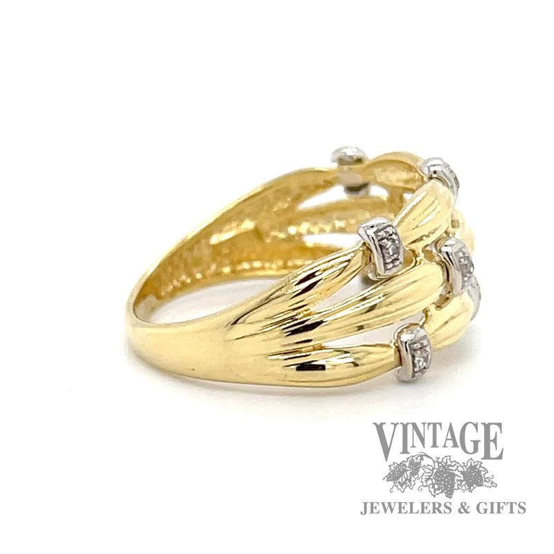 18k yellow gold ring with gathered band design and diamond accents side2
