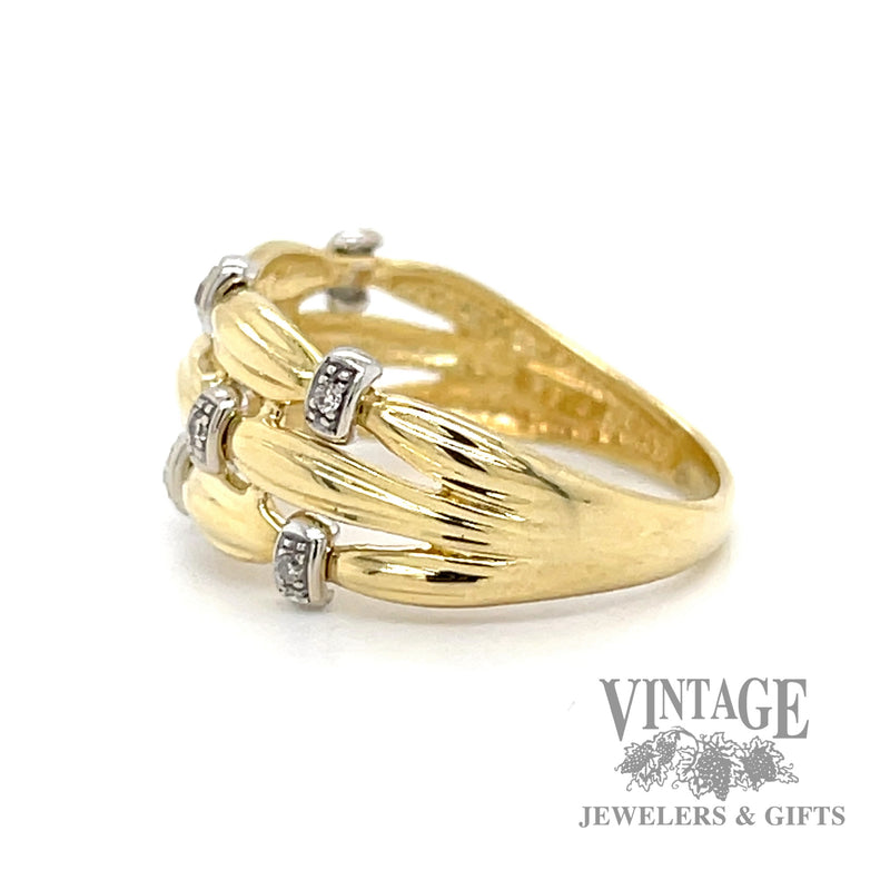 18k yellow gold ring with gathered band design and diamond accents side