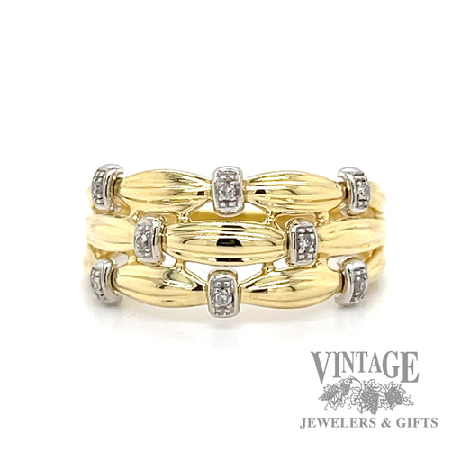 18k yellow gold ring with gathered band design and diamond accents