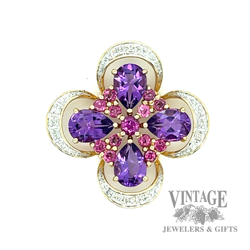 Amethyst and Pink Tourmaline gold pendant with diamond accents