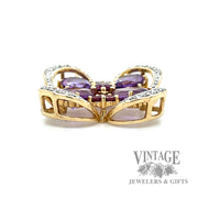 Amethyst and Pink Tourmaline gold pendant with diamond accents side