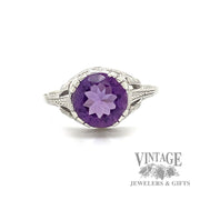 Antique engraved amethyst 10k white gold ring