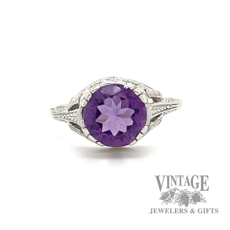 Antique engraved amethyst 10k white gold ring