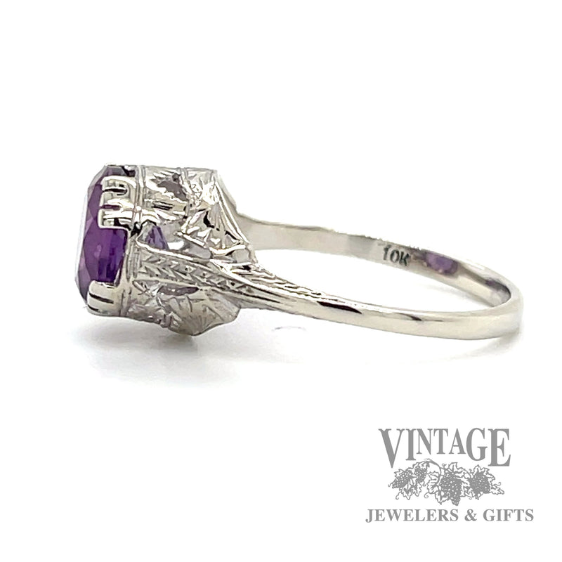 Antique engraved amethyst 10k white gold ring side