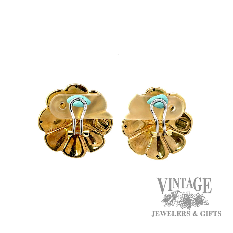 Turquoise gold flower clip on earrings back
