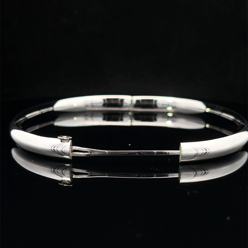 Polished 14k white gold hinged bangle bracelet side open