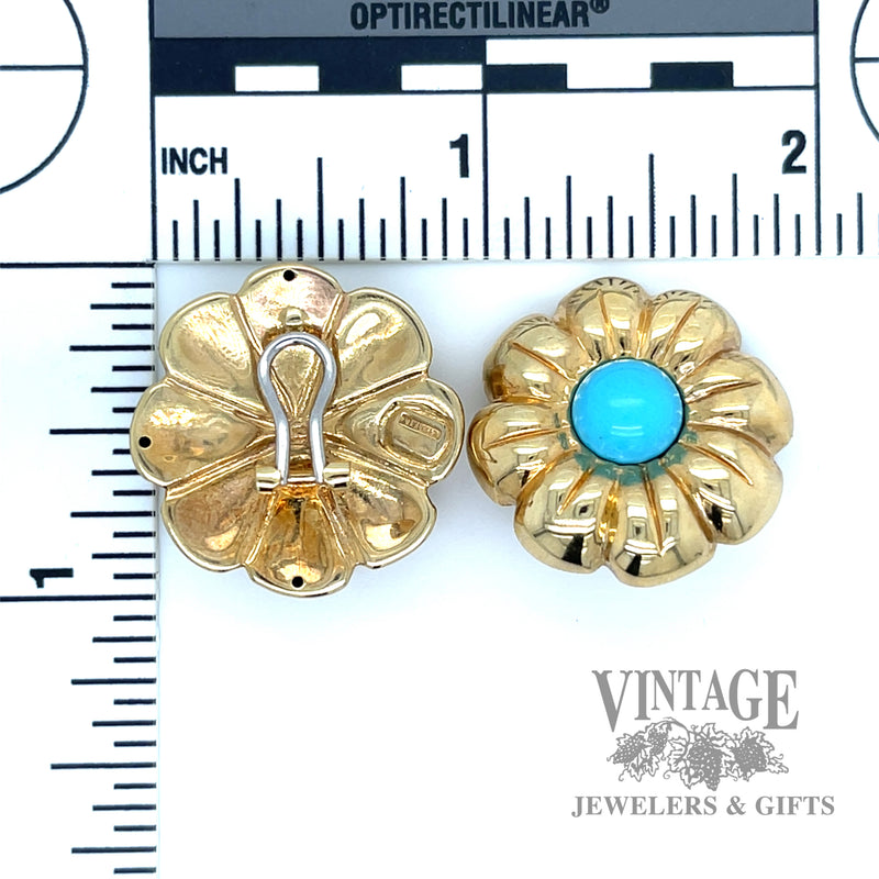Turquoise gold flower clip on earrings scale