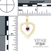 Amethyst filigree 14k gold heart pendant back and scale