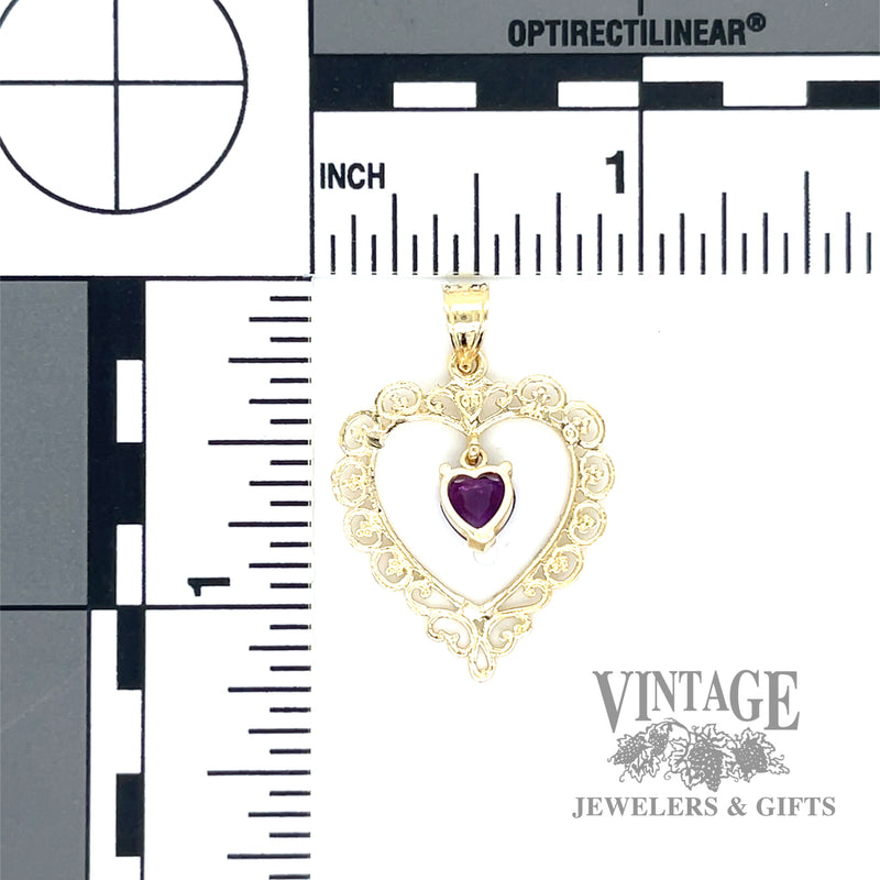 Amethyst filigree 14k gold heart pendant back and scale