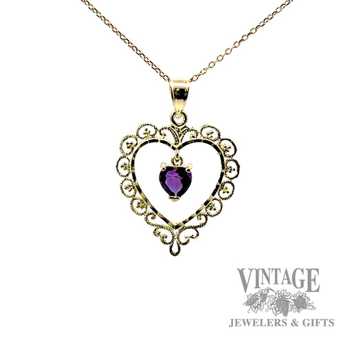 Amethyst filigree 14k gold heart pendant