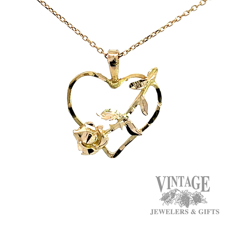 Rose and heart 14k gold pendant