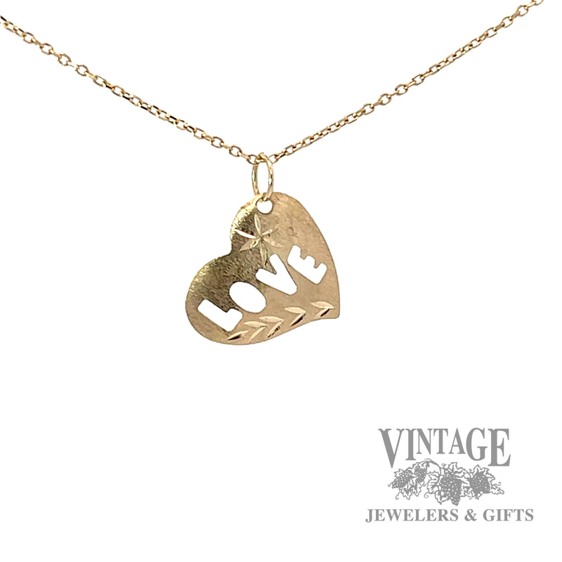 "LOVE" etched heart 14k gold pendant