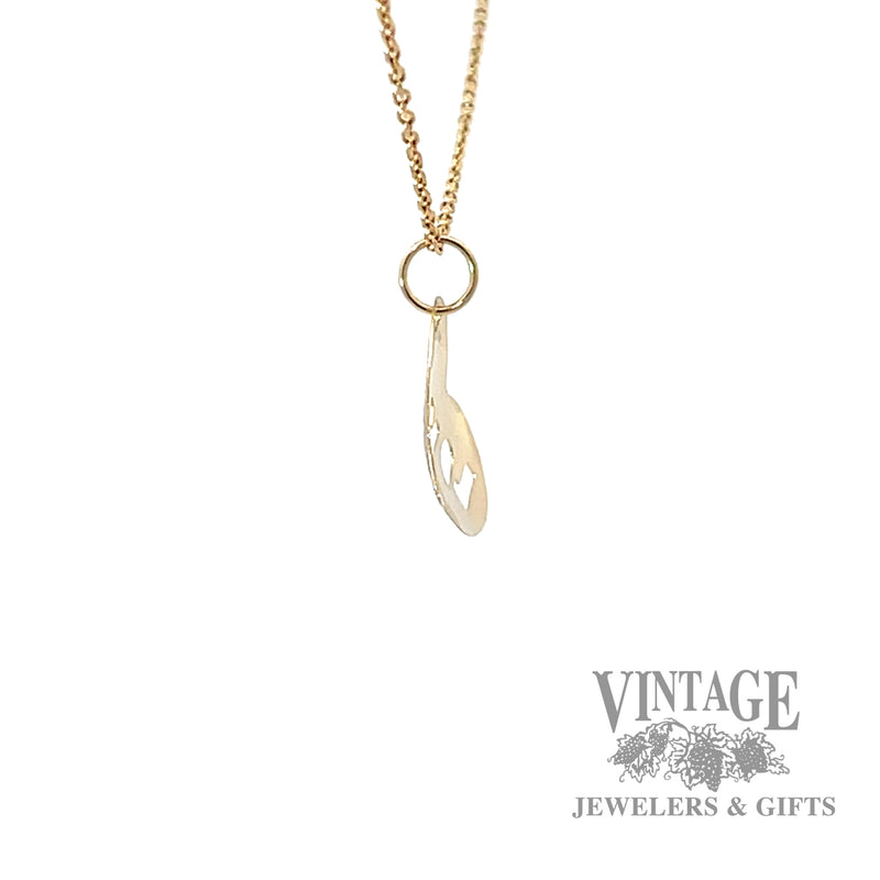 "LOVE" etched heart 14k gold pendant side