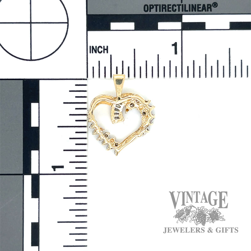 Diamond cluster 14k gold heart pendant back and scale