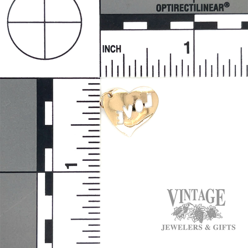 "LOVE" etched heart 14k gold pendant back and scale