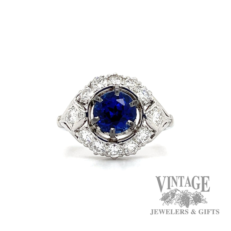 Royal Blue Sapphire diamond halo platinum ring