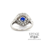 Royal Blue Sapphire diamond halo platinum ring bottom