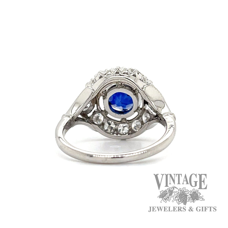Royal Blue Sapphire diamond halo platinum ring bottom