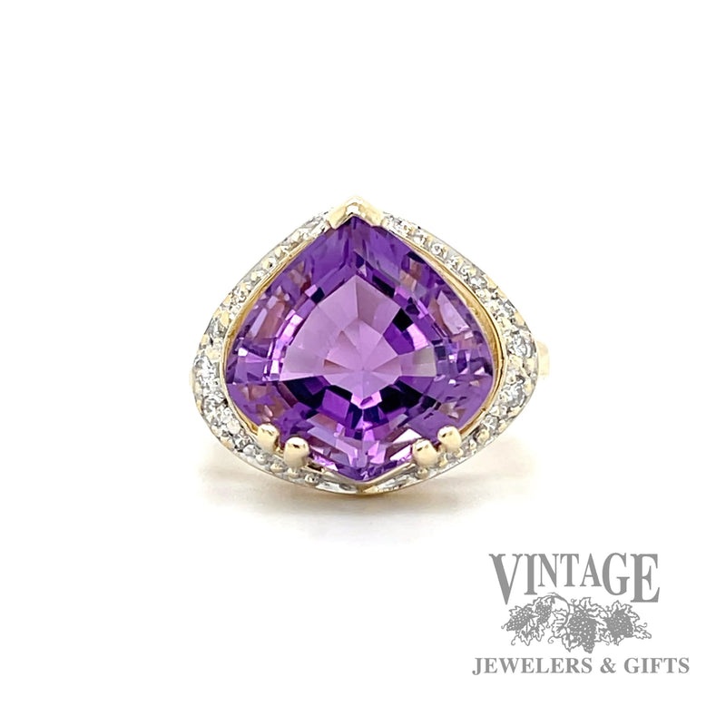 Amethyst and tapered diamond halo 14k gold ring