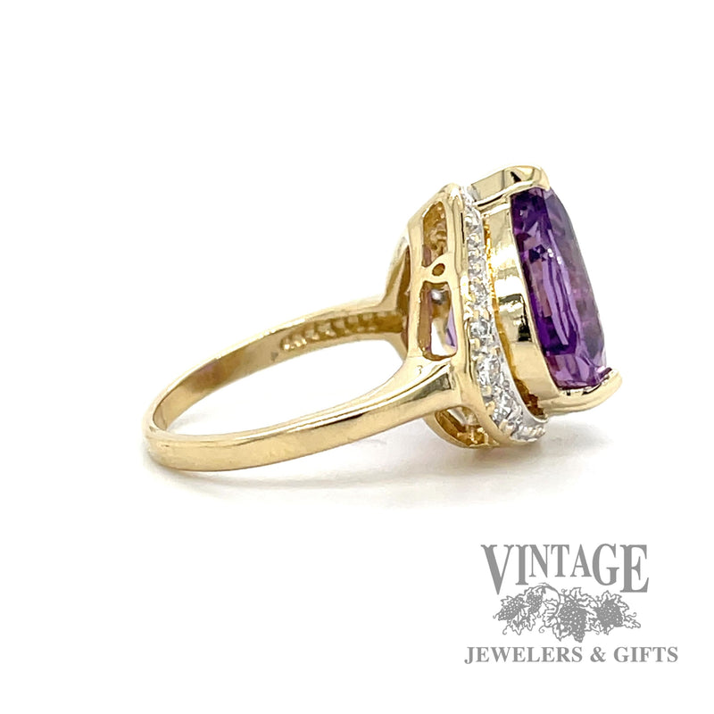 Amethyst and tapered diamond halo 14k gold ring