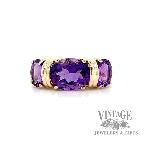 Amethyst three stone east-west 14k gold ring