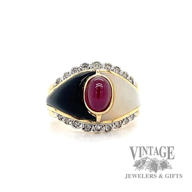 Ruby, black and white inlay with diamond accent 14k gold ring