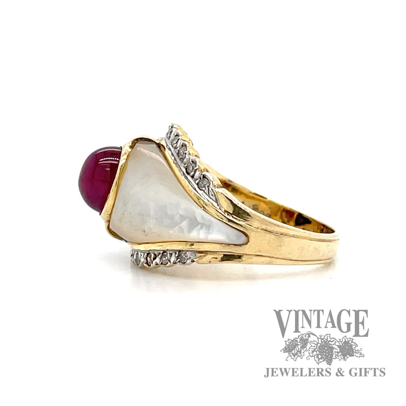 Ruby, black and white inlay with diamond accent 14k gold ring side1