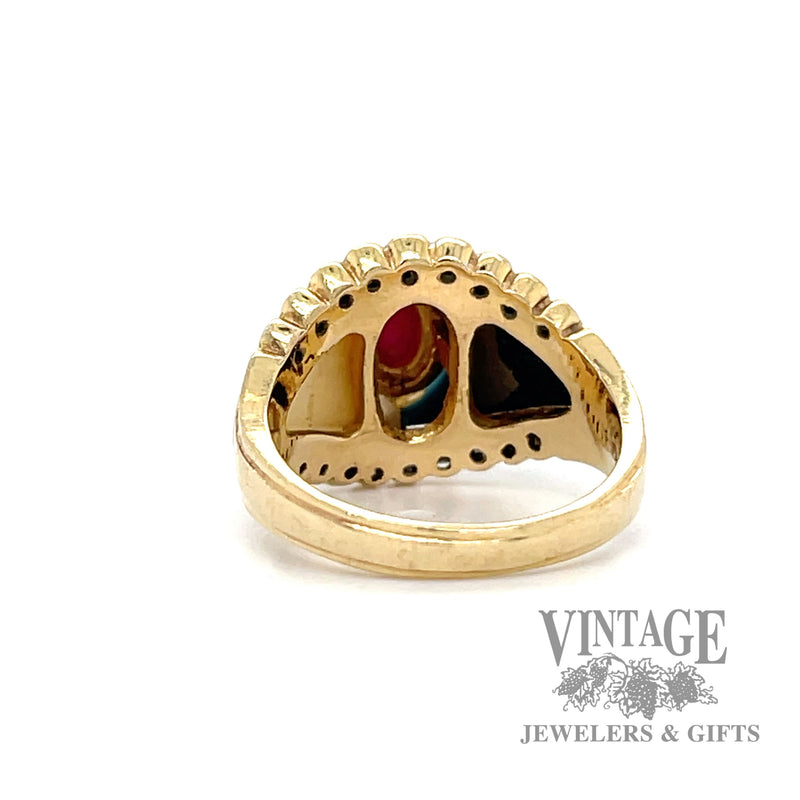 Ruby, black and white inlay with diamond accent 14k gold ring bottom