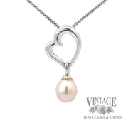 Pearl dangle 14k white gold heart pendant