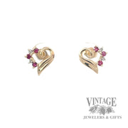 Ruby and diamond open heart 14k gold stud earrings