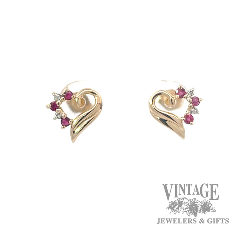 Ruby and diamond open heart 14k gold stud earrings