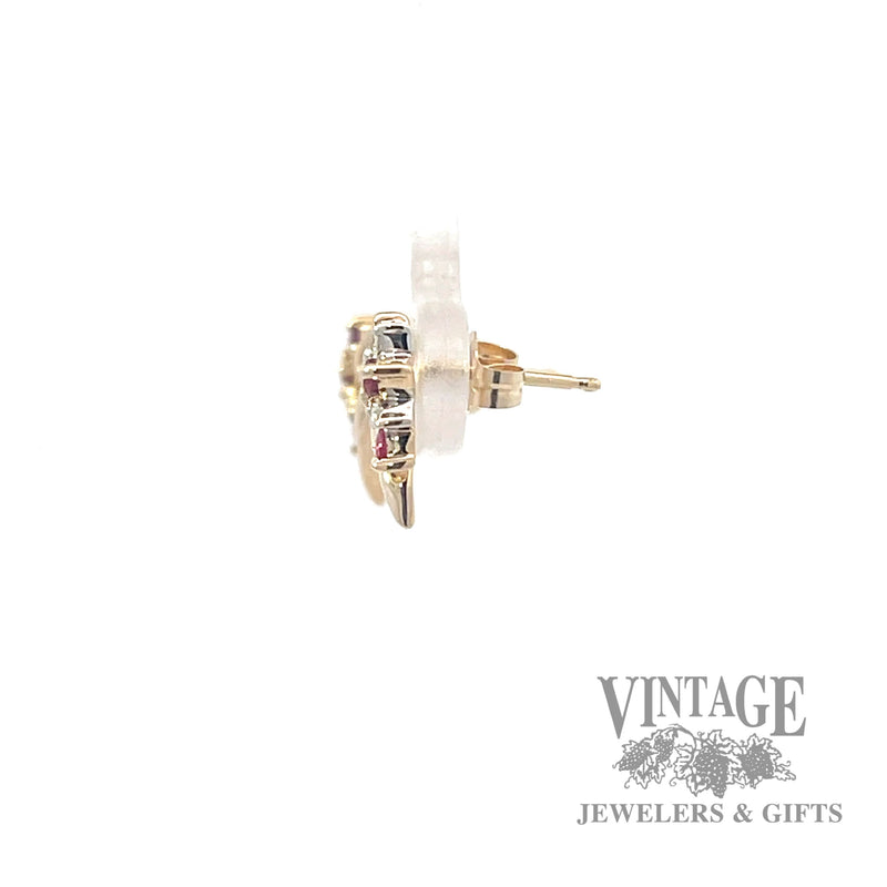 Ruby and diamond open heart 14k gold stud earrings side