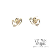Two heart diamond 14k gold stud earrings