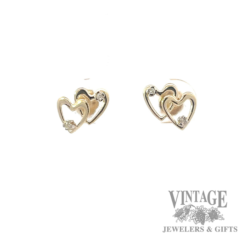 Two heart diamond 14k gold stud earrings